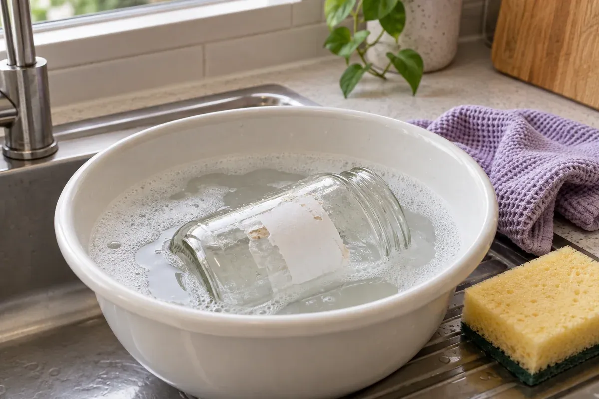 A glass jar with a paper label soaking in mildly soapy water.