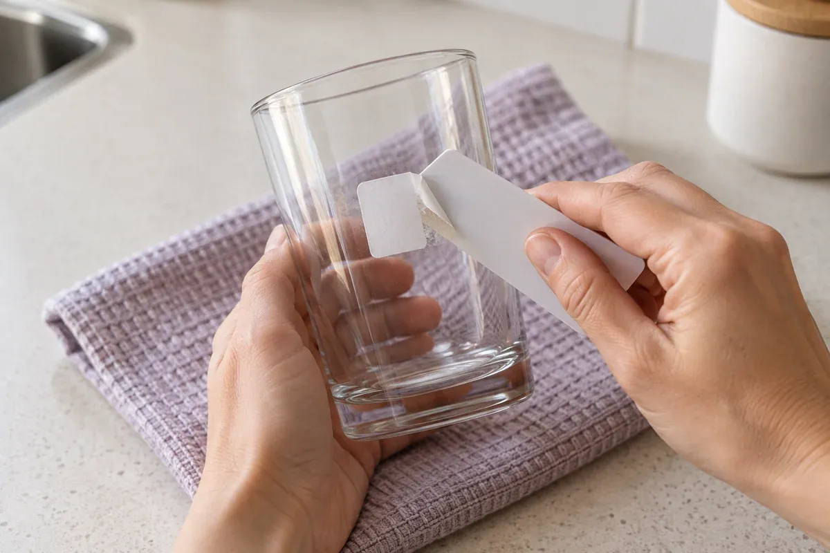 A blank sticker being gently lifted from a drinking glass.