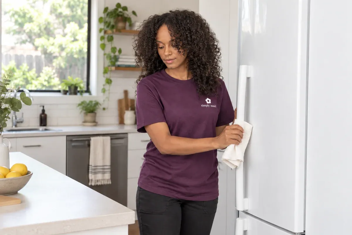 A cleaner wipes a refrigerator handle with a folded cloth.