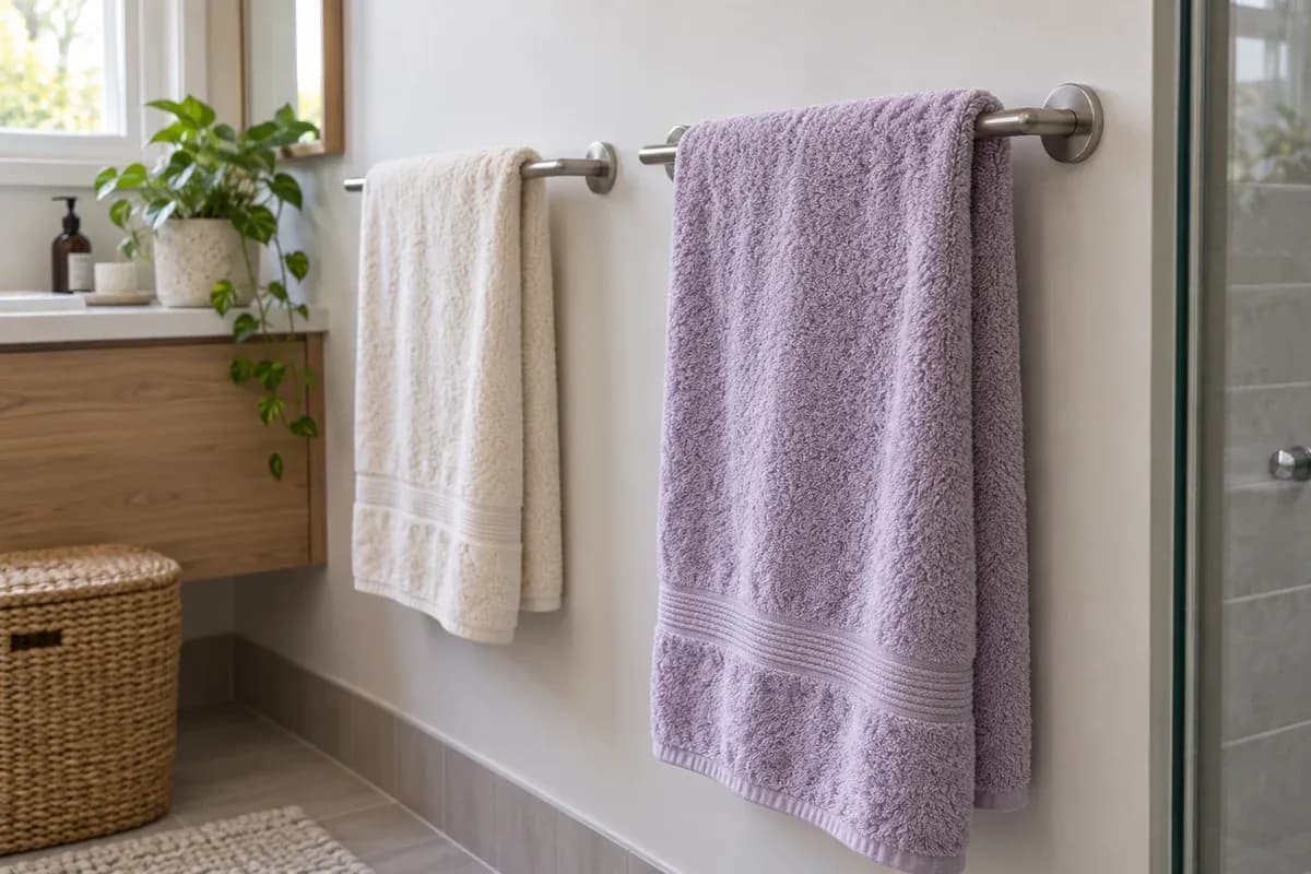 Two towels hanging separately on bathroom rails.