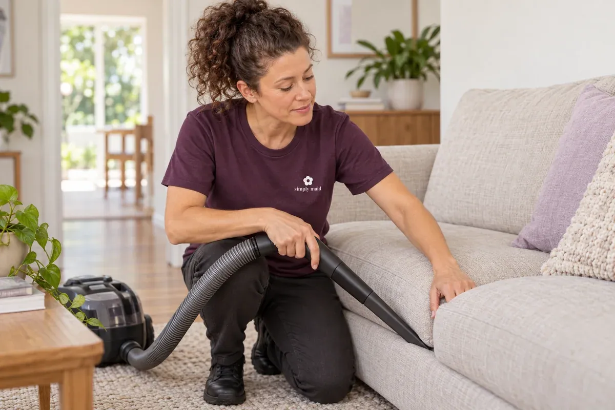 A cleaner uses a crevice tool between sofa cushions.