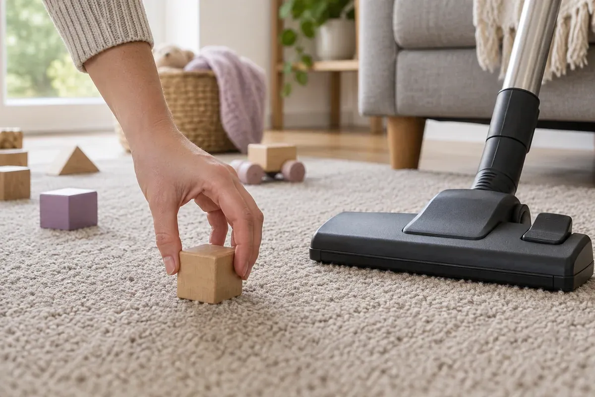 A toy block picked up before vacuuming the carpet.