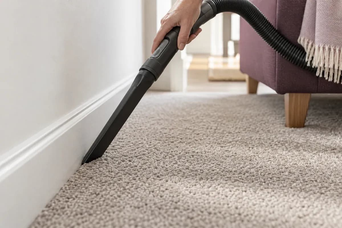 A vacuum crevice attachment following the edge of a carpet.