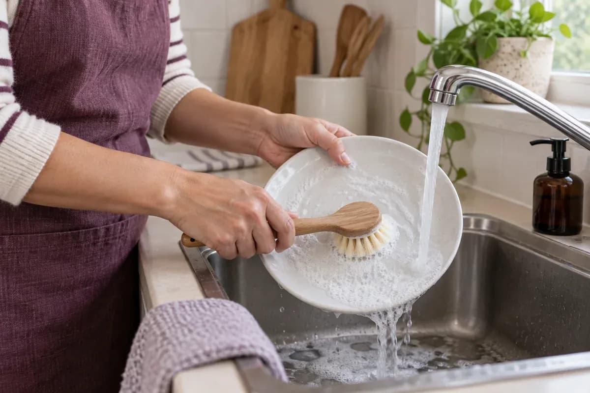 A ceramic plate is washed with a soft dish brush.