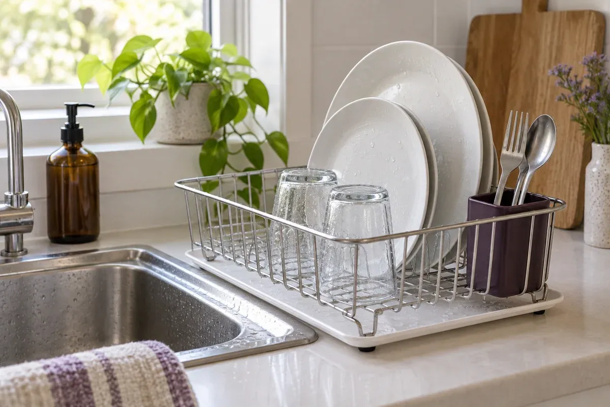 Rinsed dishes spaced apart on a draining rack.