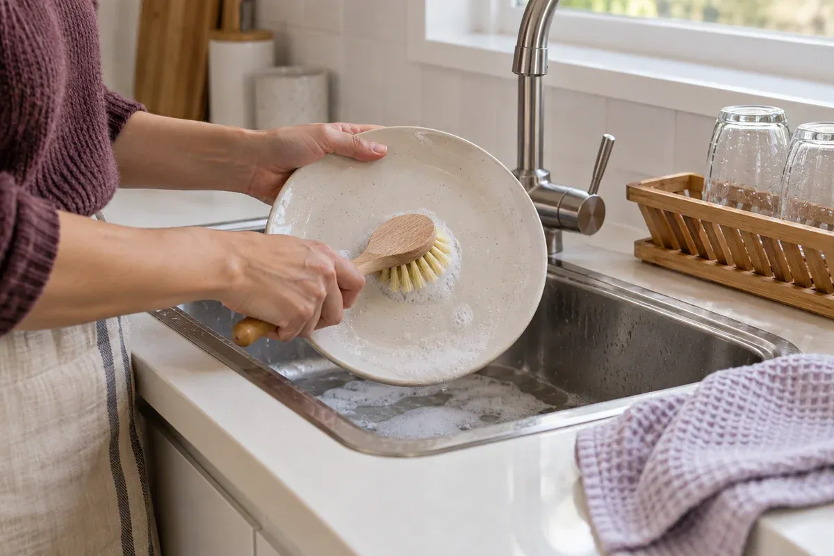 A ceramic plate being washed with a soft dish brush over a sink.