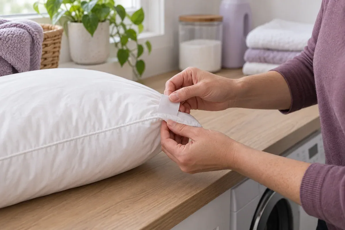 Hands checking a pillow's seam and care label before washing.
