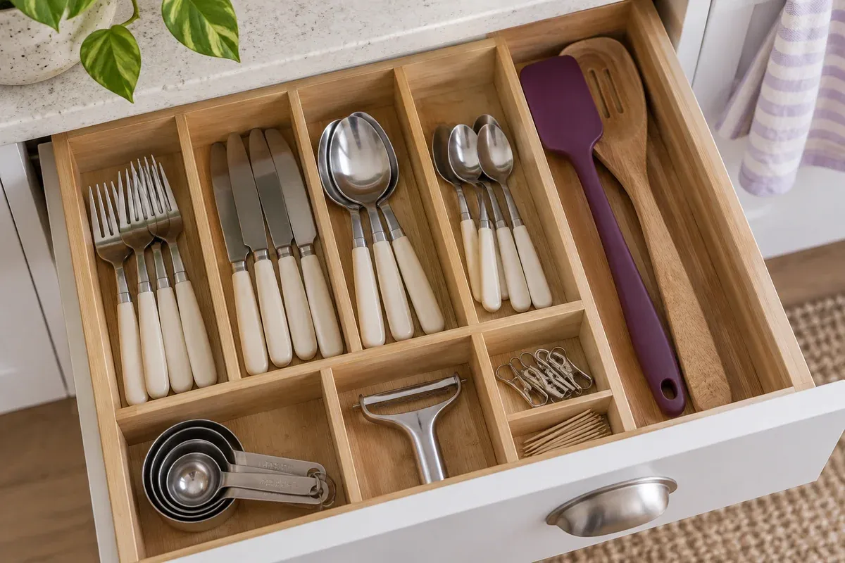 Everyday cutlery and utensils separated in a kitchen drawer.
