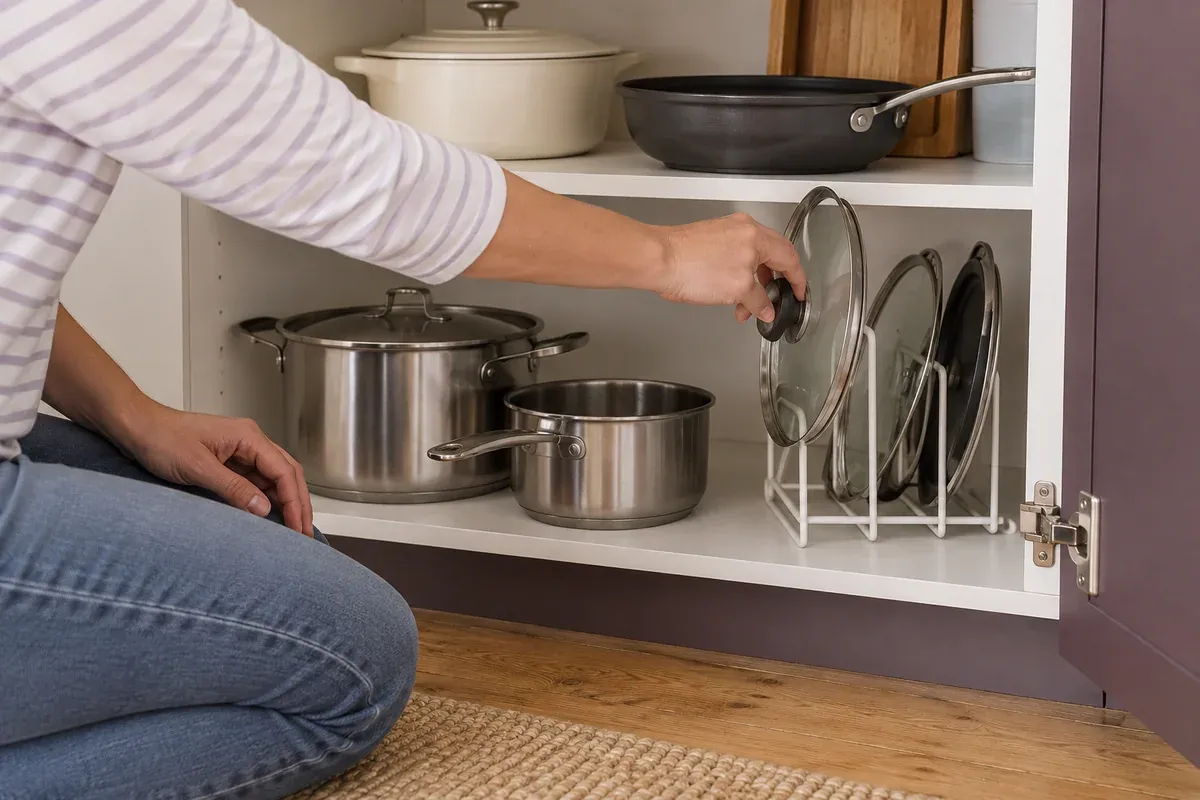 A saucepan lid is lifted from an accessible vertical rack.