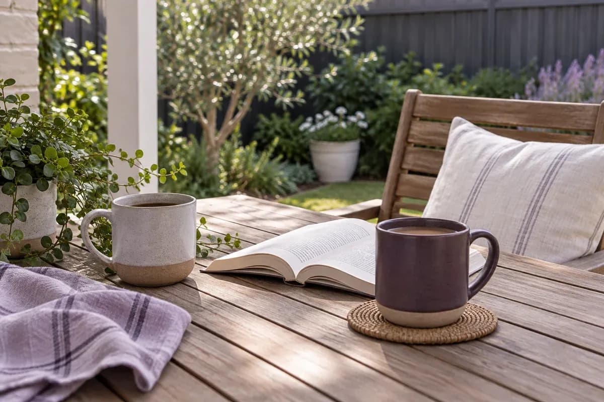 Mugs and an open book on a quiet backyard table.