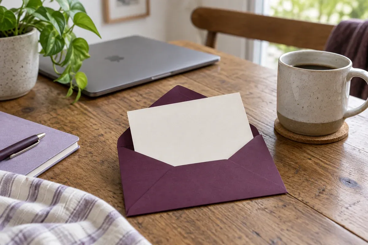 A blank gift note and plum envelope beside a closed laptop.