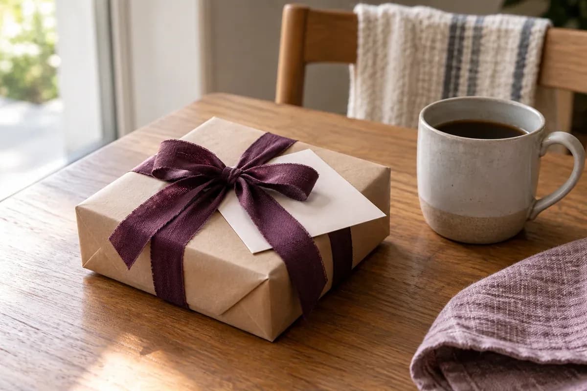 A simply wrapped gift with a plum ribbon and a blank card.