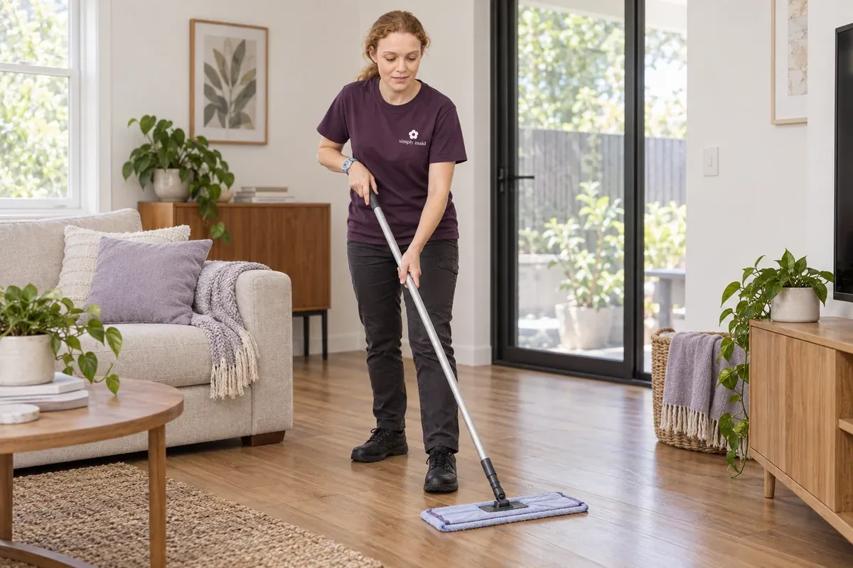 A cleaner uses a flat microfibre mop on a timber floor.