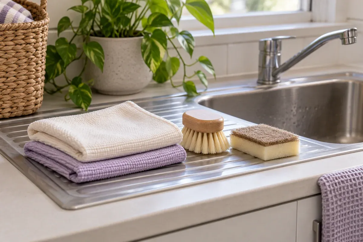 Reusable cloths, a soft brush and a sponge drying beside a sink.