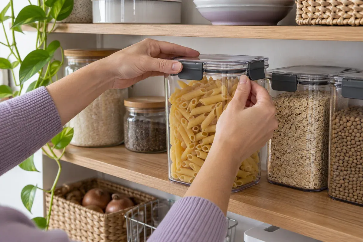 Hands close an airtight lid on a pantry food container.