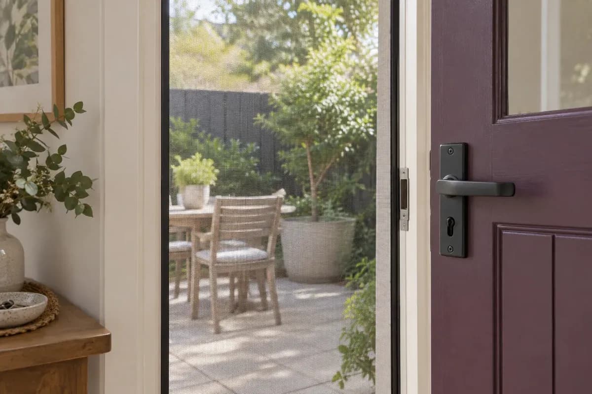 An intact flyscreen and fitted door edge at a courtyard entrance.