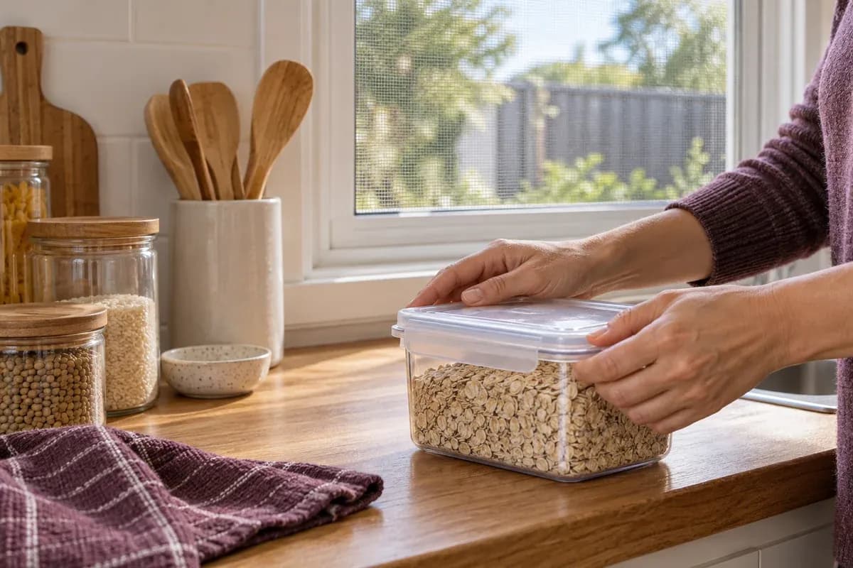 A food container being closed beside a screened kitchen window.