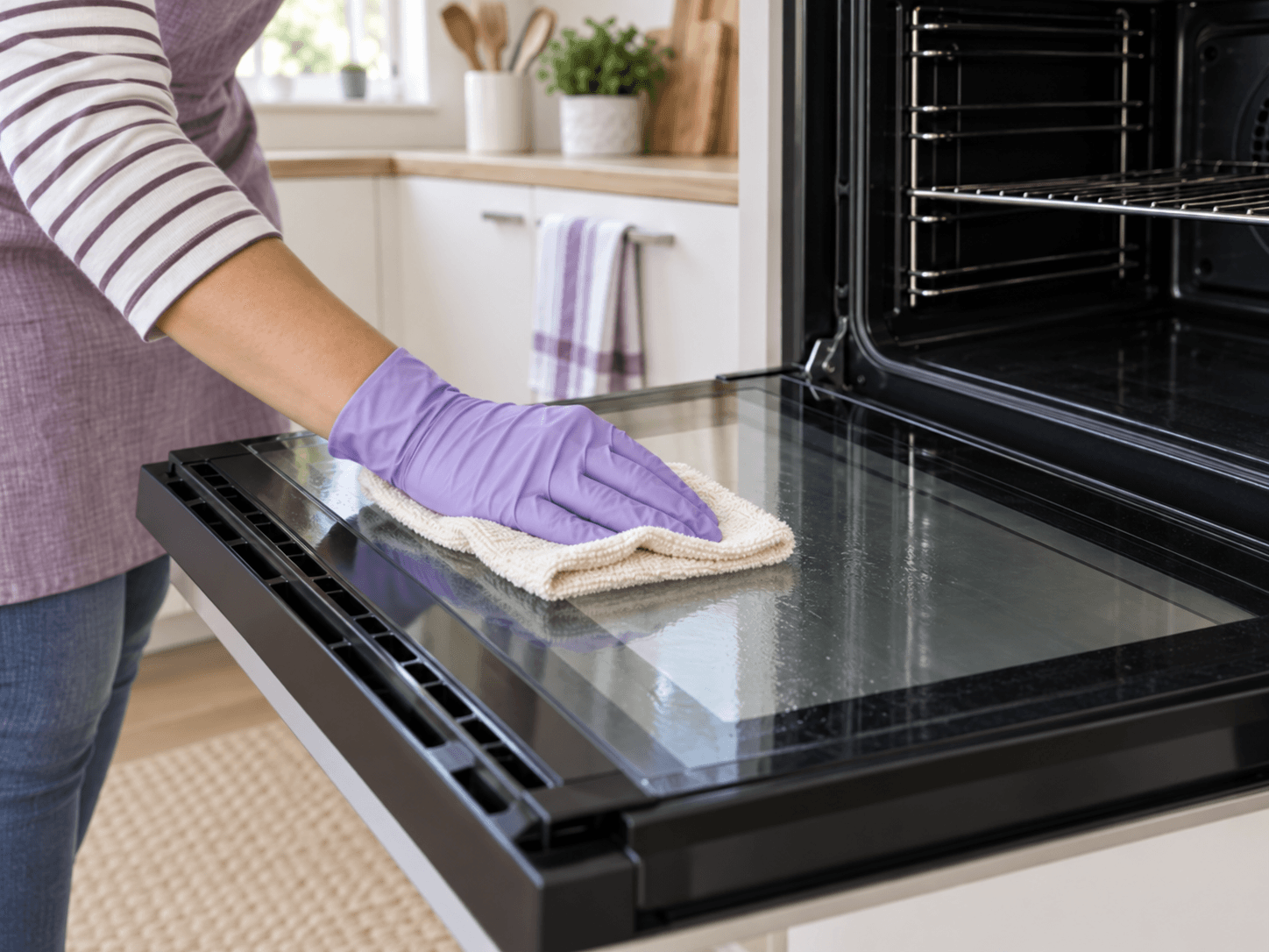 A gloved hand wipes the inner glass of an open oven door with a soft cloth; the oven lamp is off.