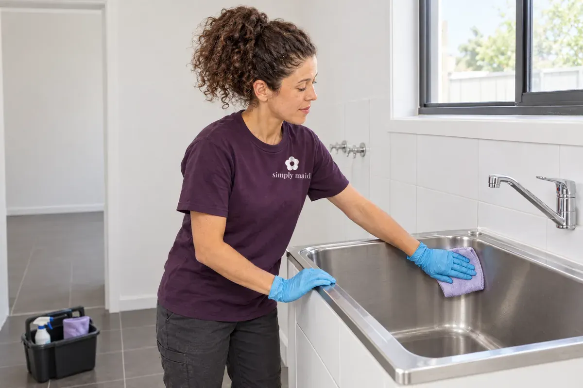 A Simply Maid cleaner in a plum uniform and gloves wiping a stainless laundry tub in an empty laundry