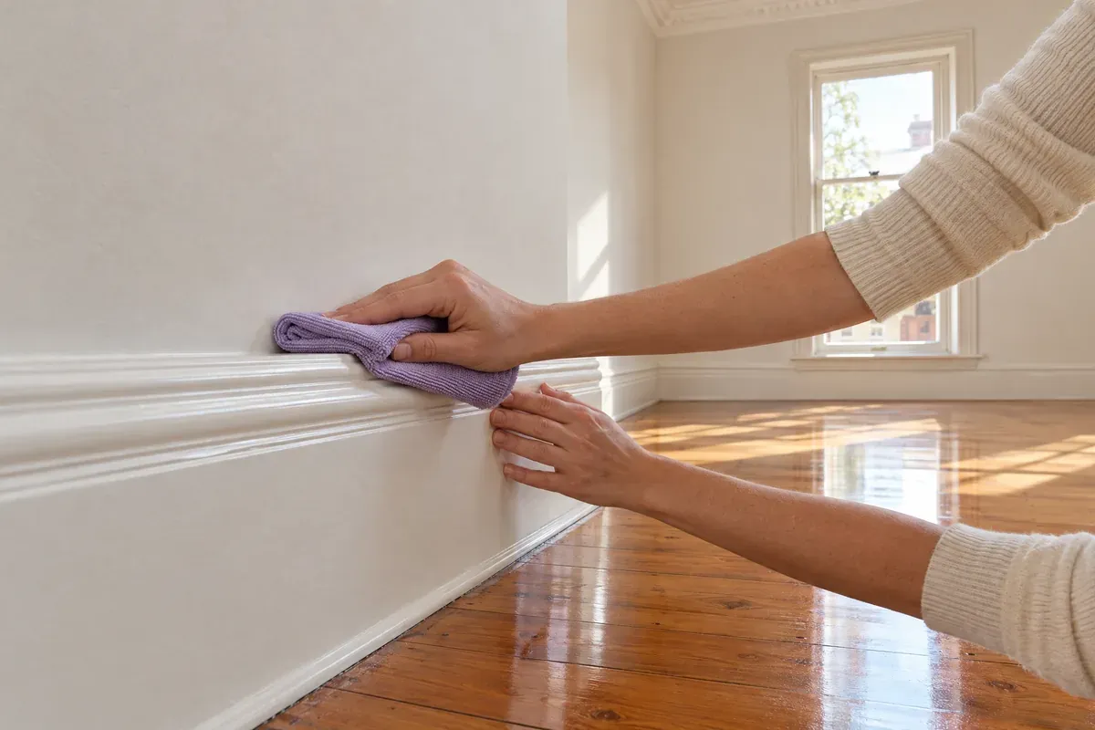 Hands wiping a timber stair handrail with a lilac cloth on an empty staircase with gum trees outside
