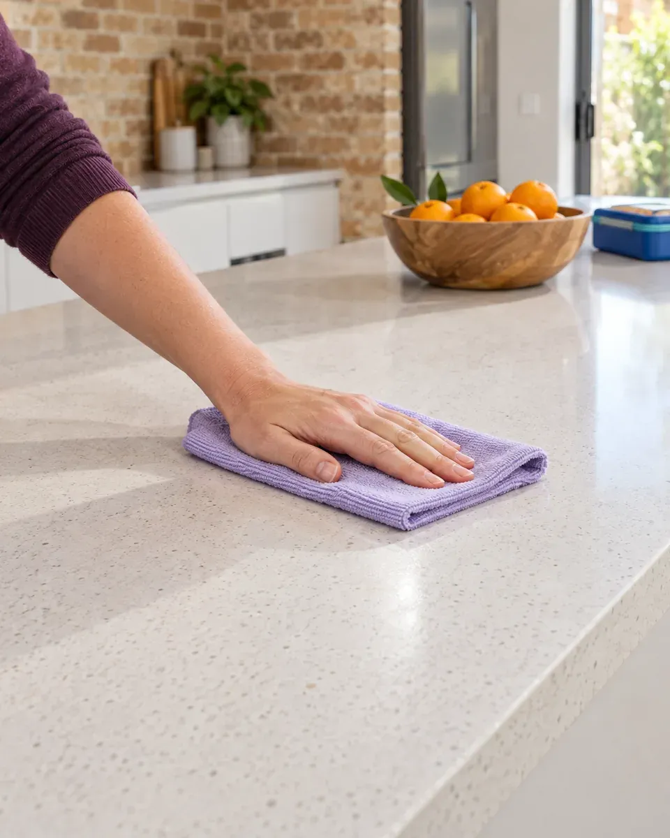 Hand wiping an empty white kitchen cupboard shelf with a lilac cloth in an unfurnished apartment
