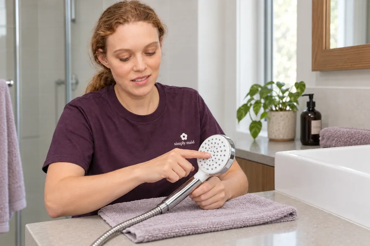 A cleaner uses a fingertip on the flexible nozzles of a white-and-chrome handheld shower head.