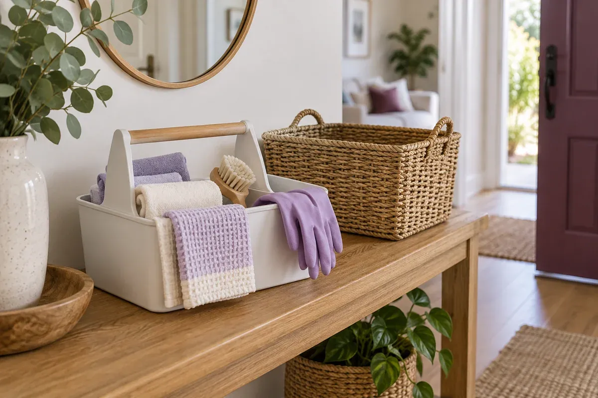 A compact cleaning caddy and an empty sorting basket.