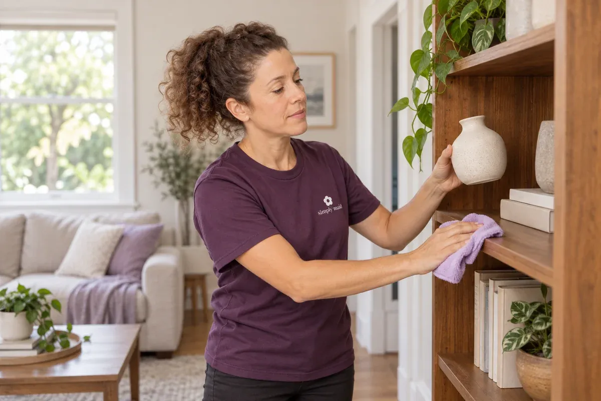 A cleaner lifts a vase to dust a reachable timber shelf.