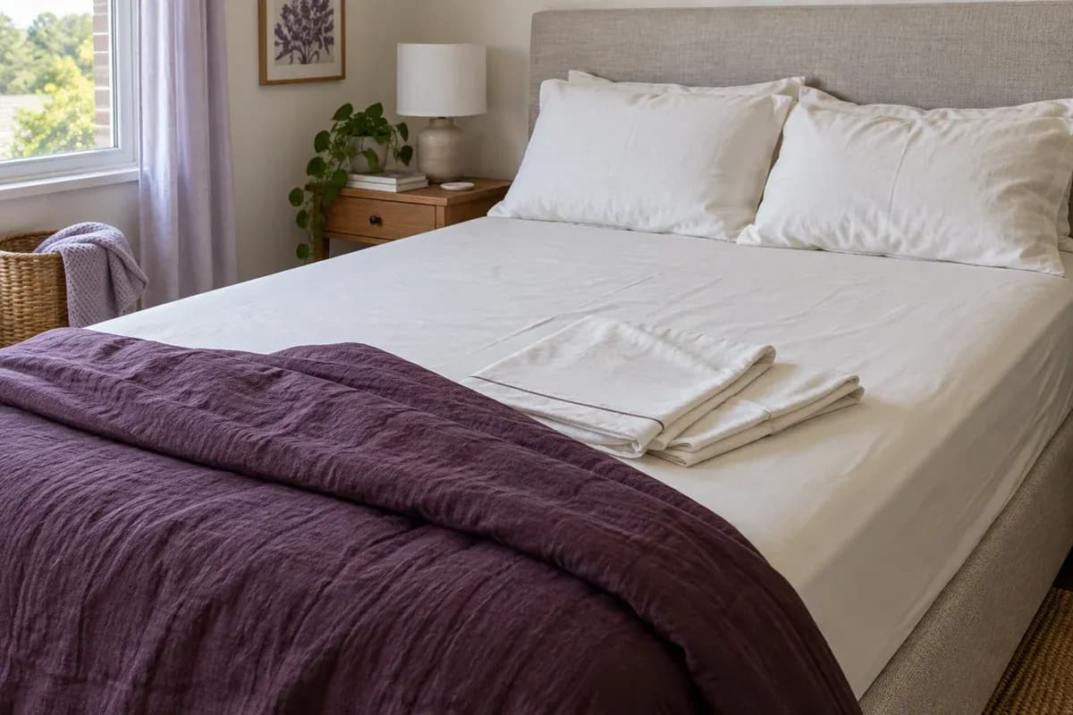 Fresh pillowcases and a folded cover ready on a bed.