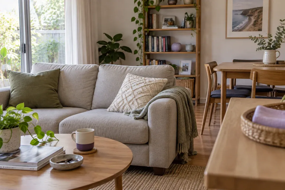A modest living and dining space prepared for routine household care.