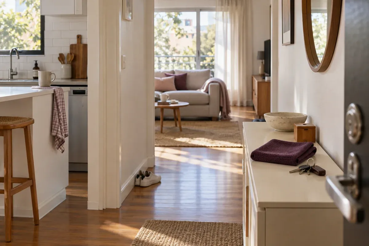 An everyday apartment hallway opening onto a kitchen and living room.