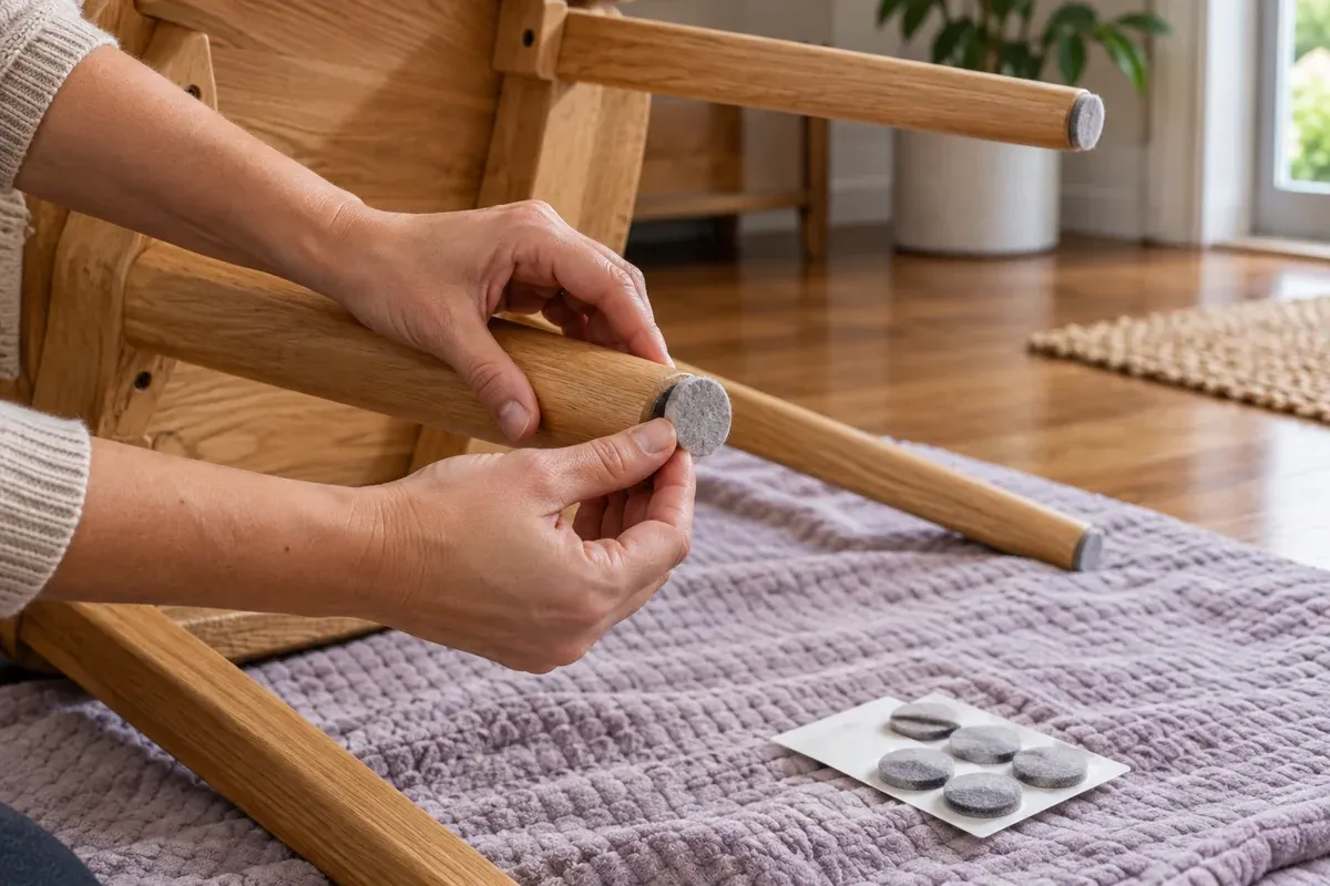 A felt pad attached to the foot of a wooden chair.