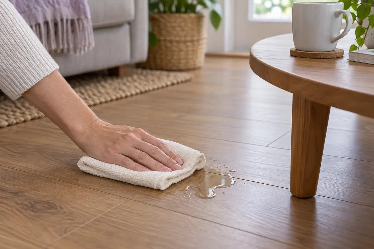 A cloth absorbing a small water spill from a timber floor.