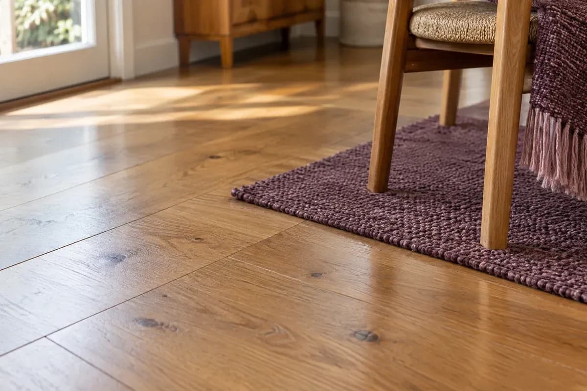 Timber floorboards with natural grain beside a woven rug.