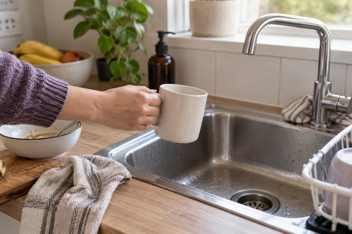 A hand moving one cup toward the kitchen sink.