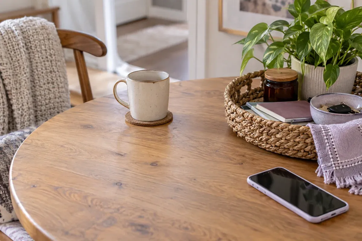 A small clear area on a table beside a basket of gathered items.