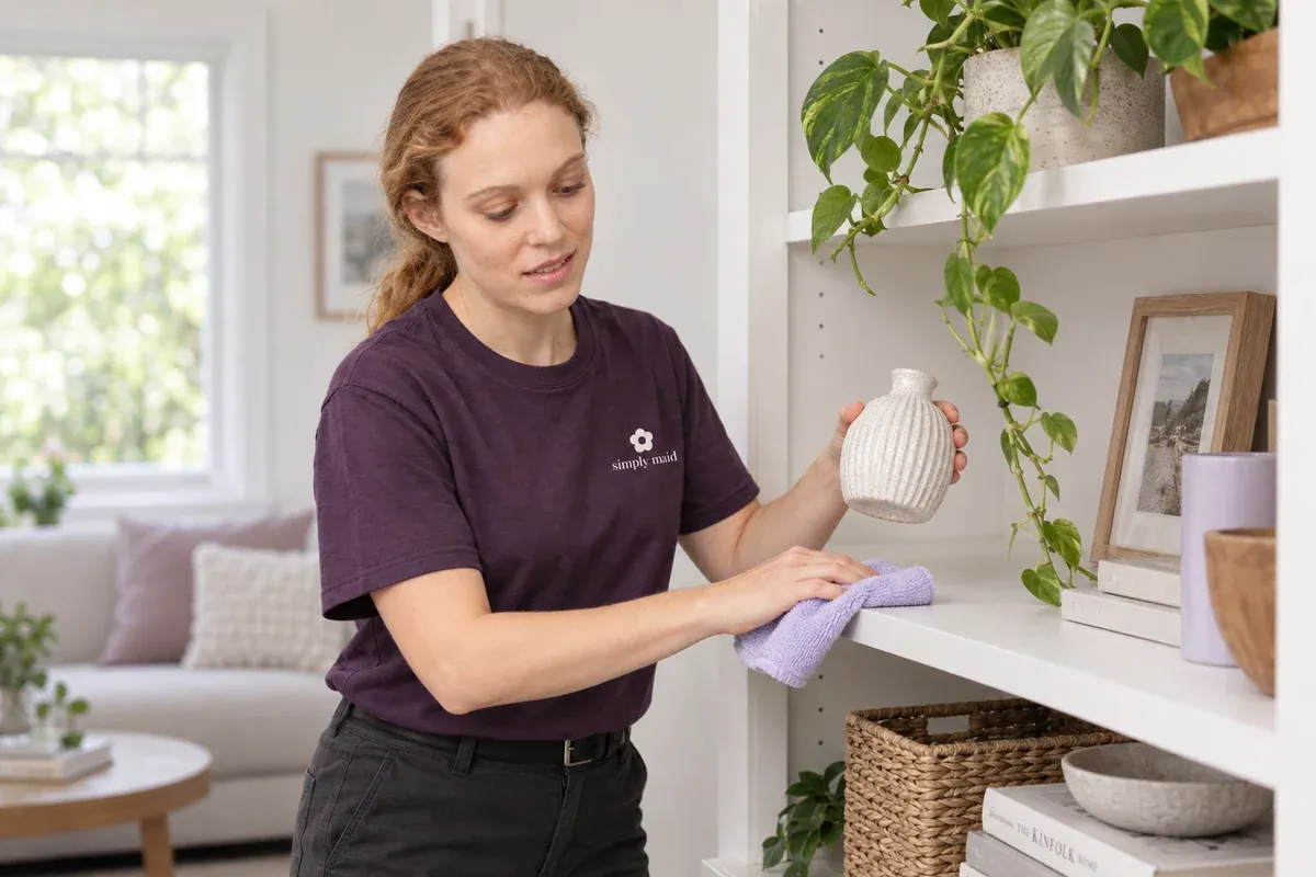 A cleaner carefully wipes a shelf beneath a small ceramic ornament.
