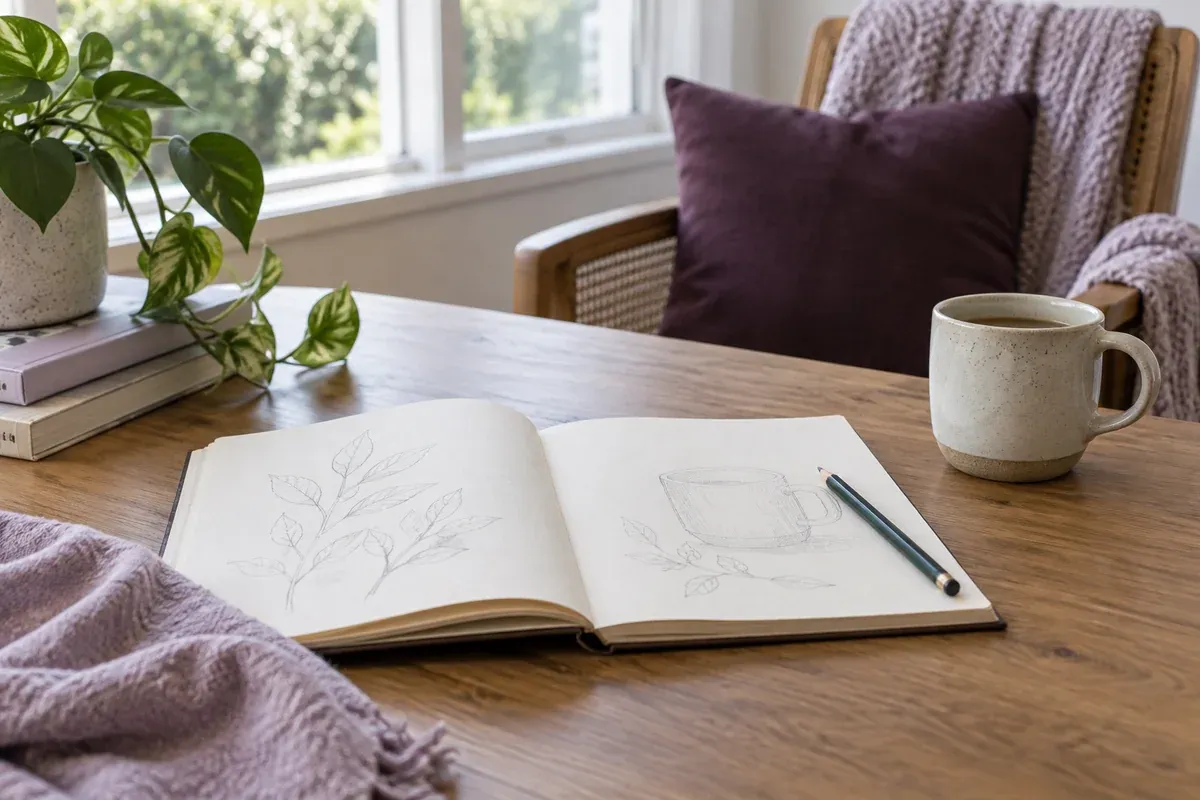 A sketchbook and pencil ready on a small table by a window.