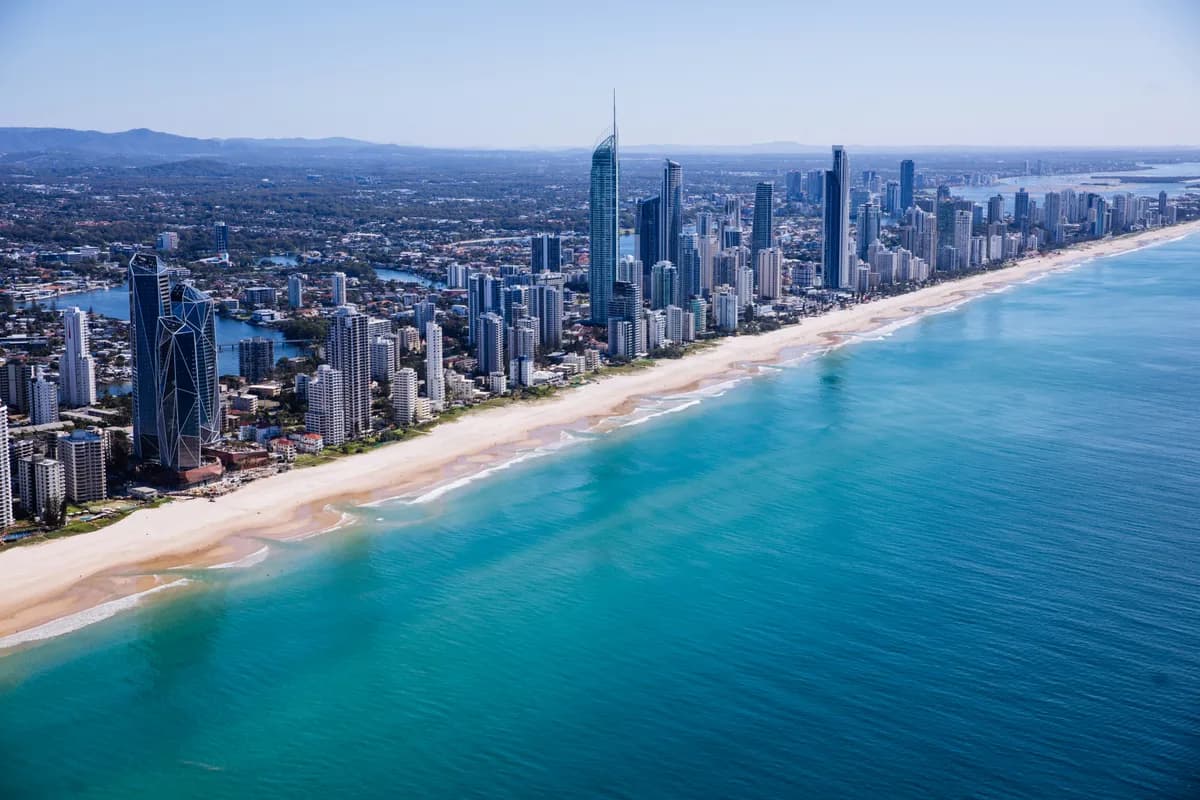 An aerial view of the Gold Coast's beach and coastal skyline.