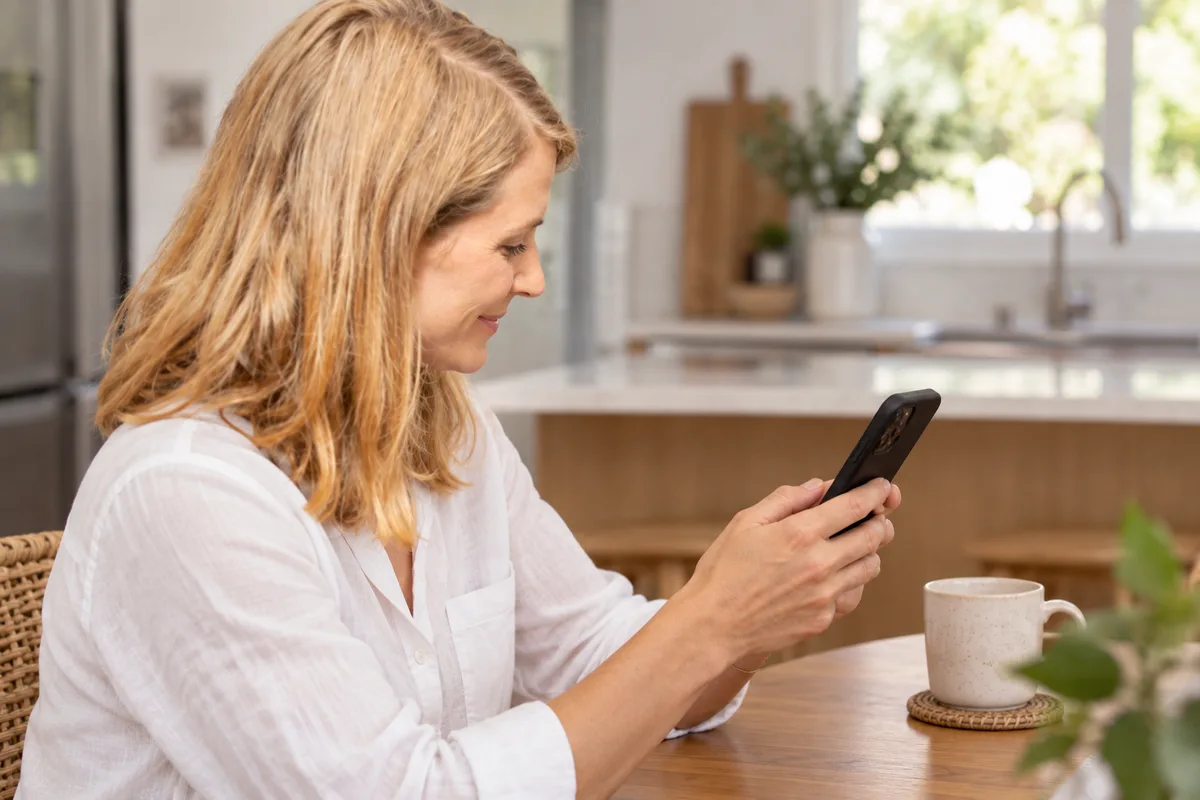A homeowner checks the details on her phone at the kitchen table.