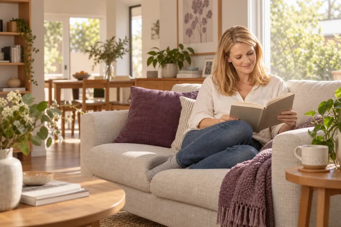A woman reading on a sofa in a sunlit living room