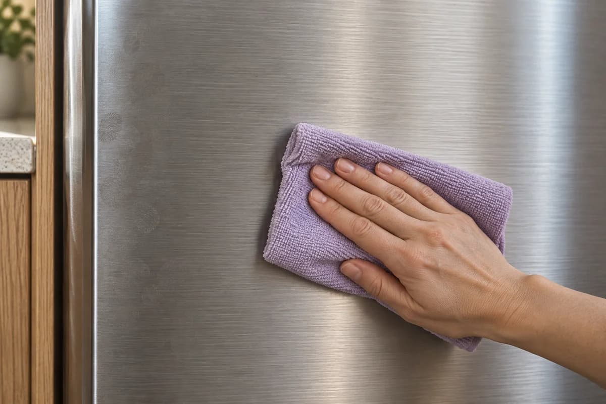 A hand using a folded lilac cloth along the grain of a stainless steel fridge door.