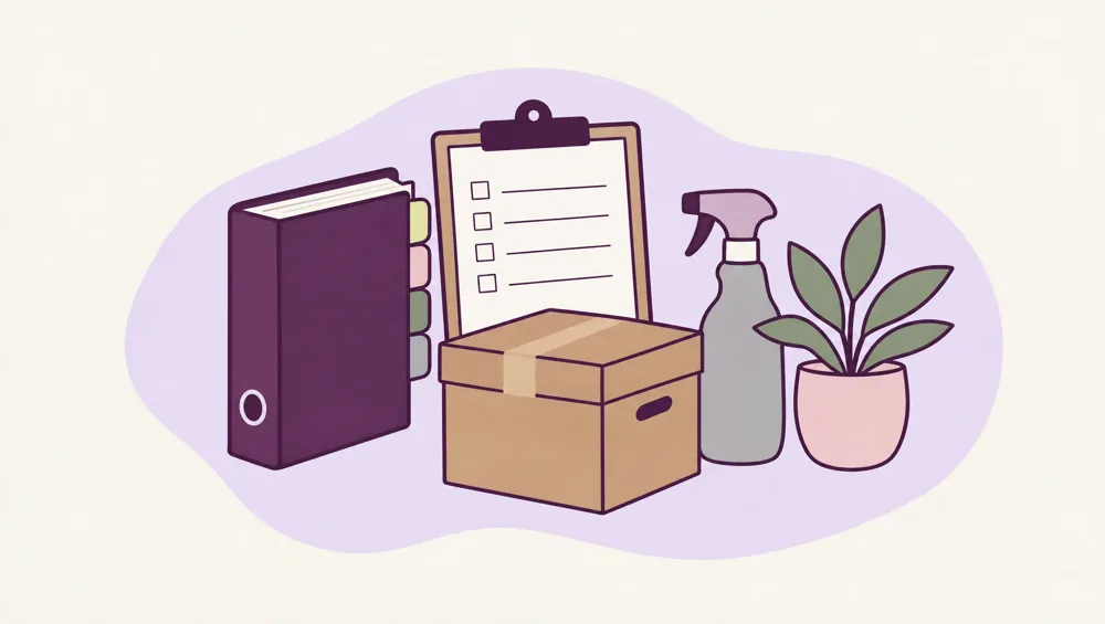 A ring binder, a clipboard, a moving box and a cleaning spray