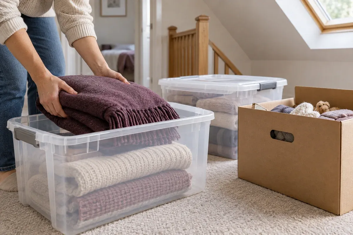 A folded blanket being sorted into a storage tub on an upstairs landing.