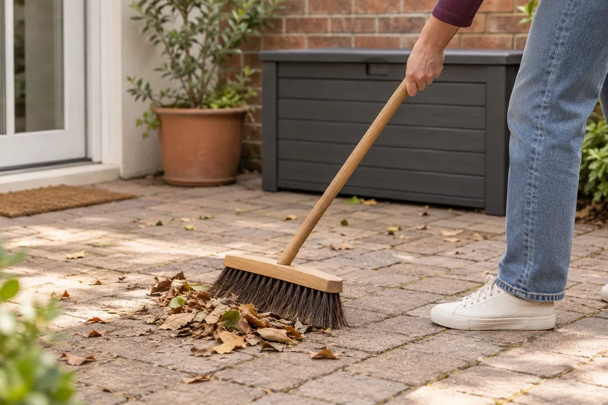 A broom gathering leaves on a small paved courtyard.
