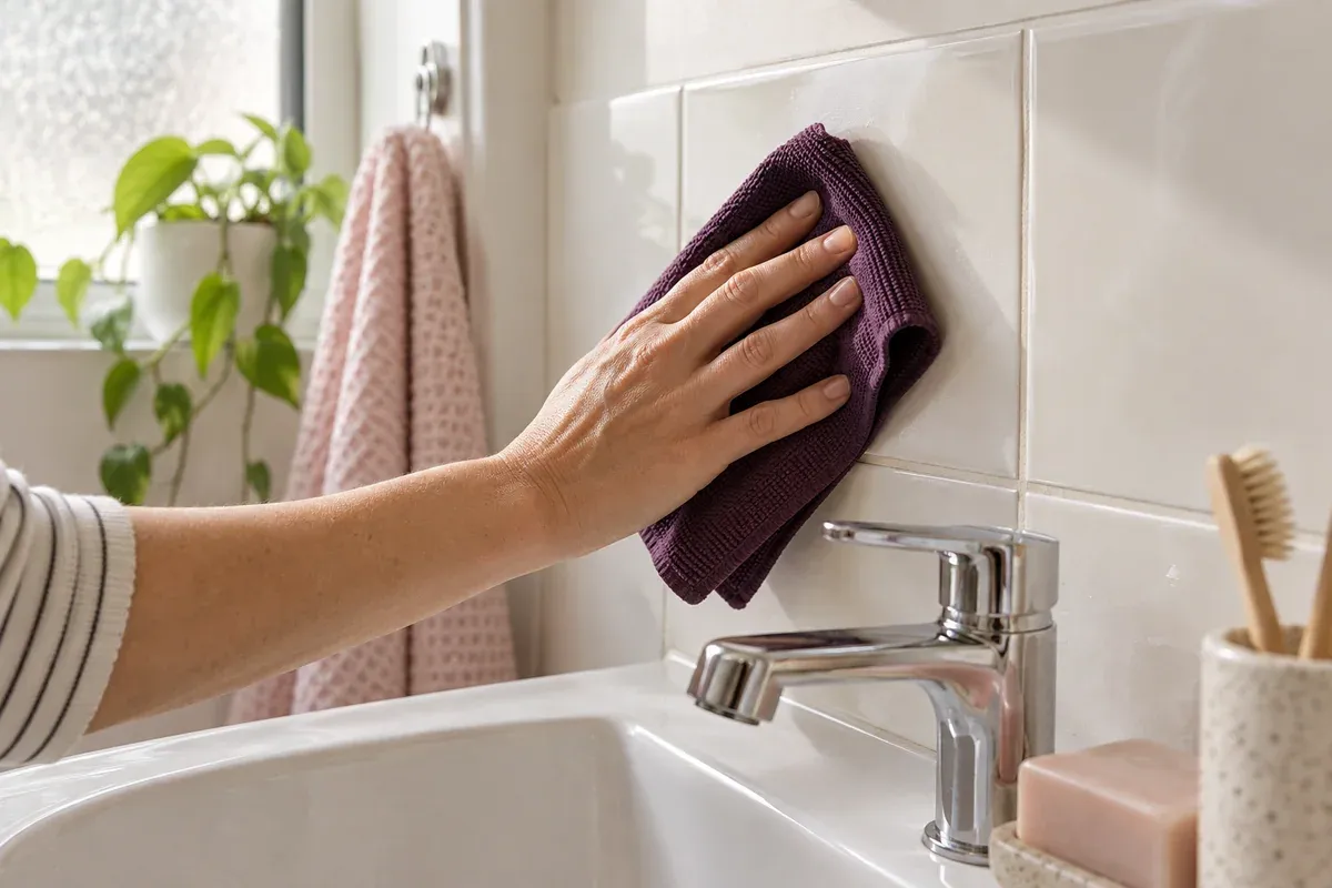 A hand wiping ceramic splashback tiles above a bathroom basin.