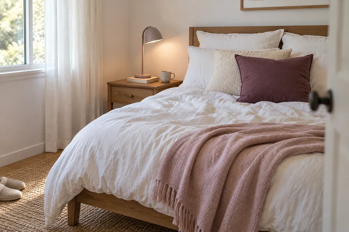 A simple bedroom with layered cotton and linen bedding and a timber bedside table.