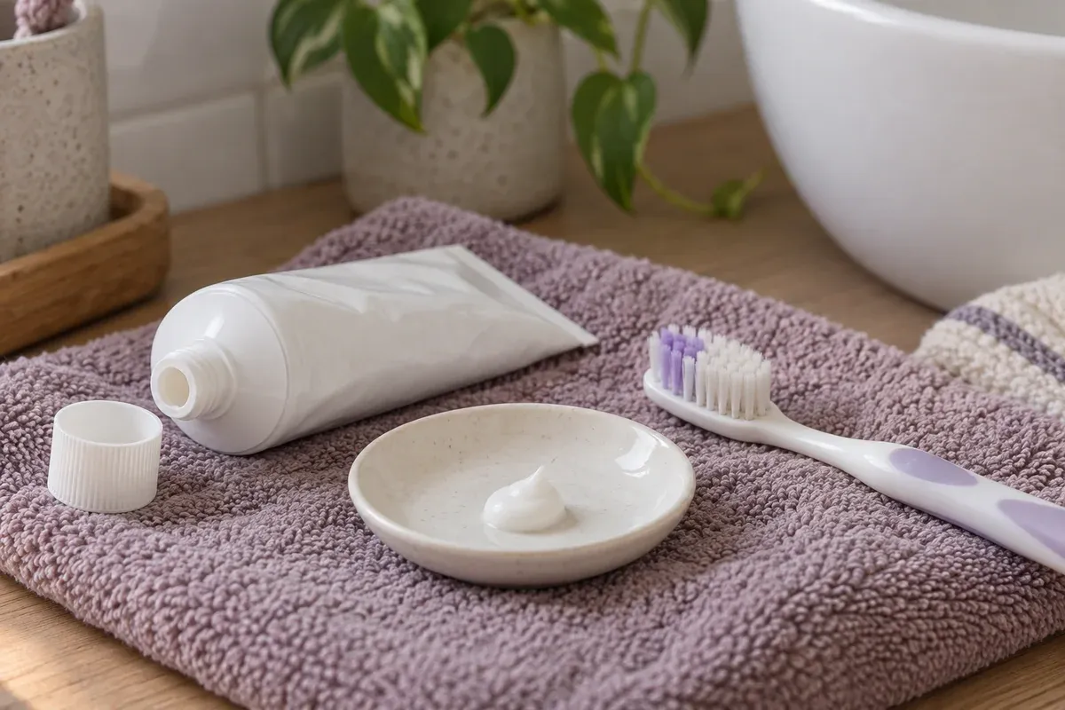 A small amount of plain white toothpaste beside a soft toothbrush.