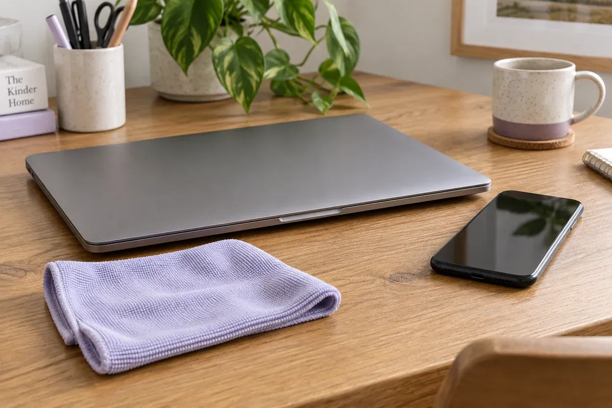 A closed laptop and unlit phone beside a dry microfibre cloth.