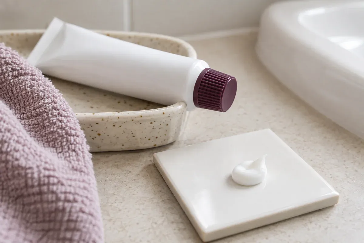 A plain toothpaste tube beside a small dab of paste on ceramic.